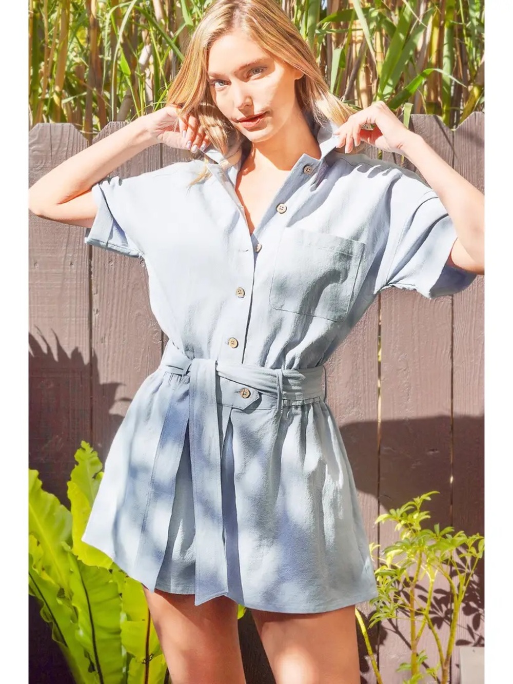 Zenana Outfitters Light Blue Button-Front Romper